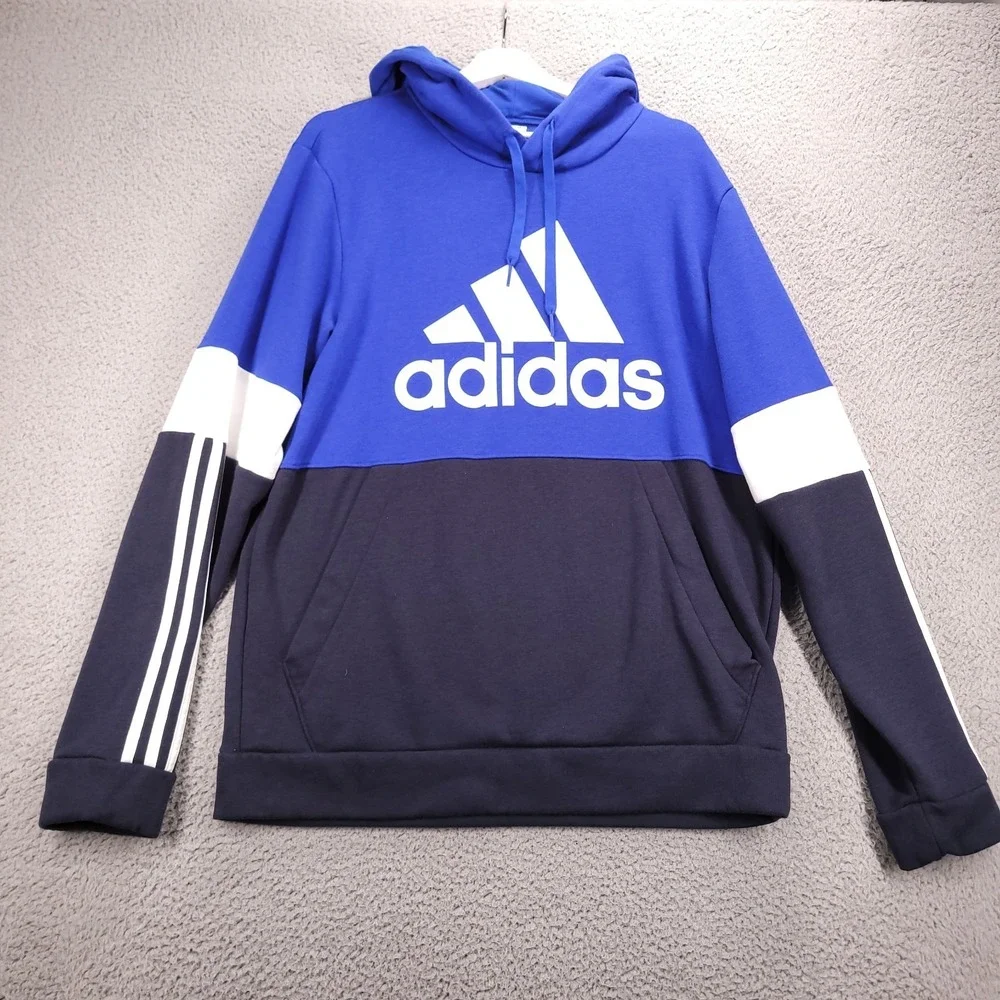 ADIDAS Sweater Mens Size LARGE Essentials Fleece Blue Colorblock Logo Hoodie‎